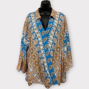 Cato Orange & Blue Multiprint Paisley Faux Wrap Long Sleeve Top Size 18W/20W